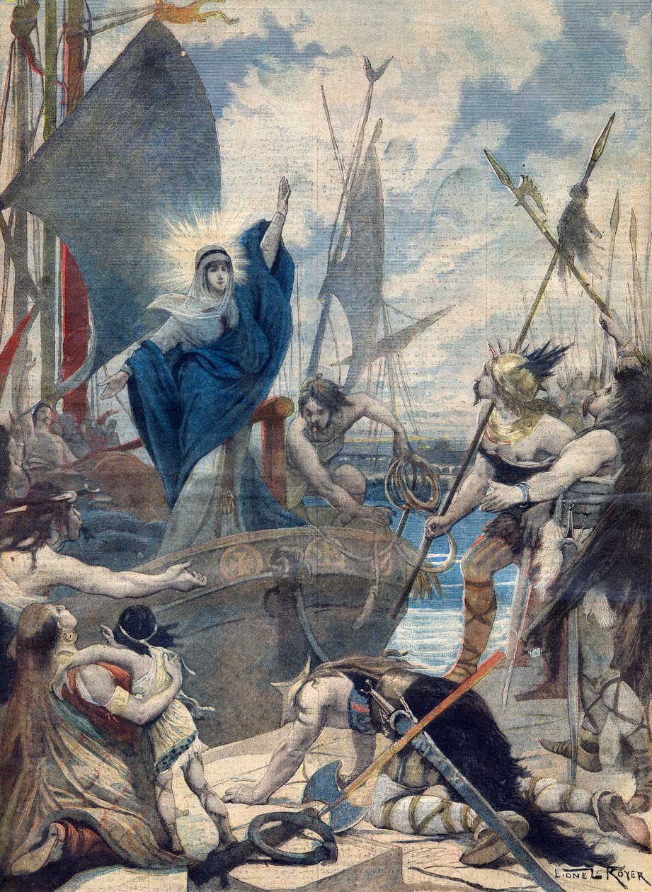 Hrdinky Francie: St Genevieve (423-512). Les heroines de France - Invasions barbares - Sainte Genevieve zachraňující město Paříž. Ilustrace pro Le petit Journal od French School
