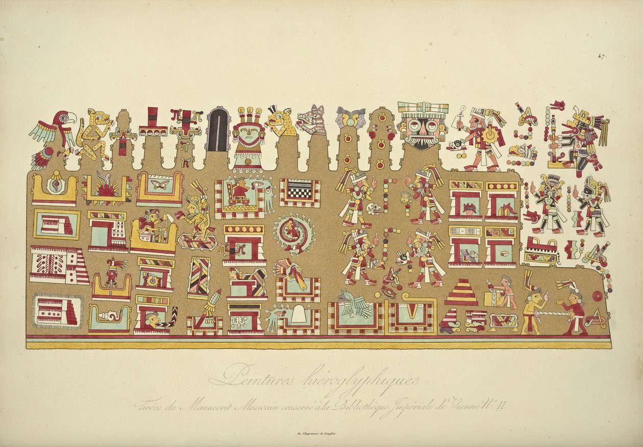 Hieroglyfické malby z mexického rukopisu II, konzervované v Císařské knihovně ve Vídni, ilustrace z Vues des Cordillères et Monumens des Peuples Indigènes de lAmérique od Alexandra von H. od French School