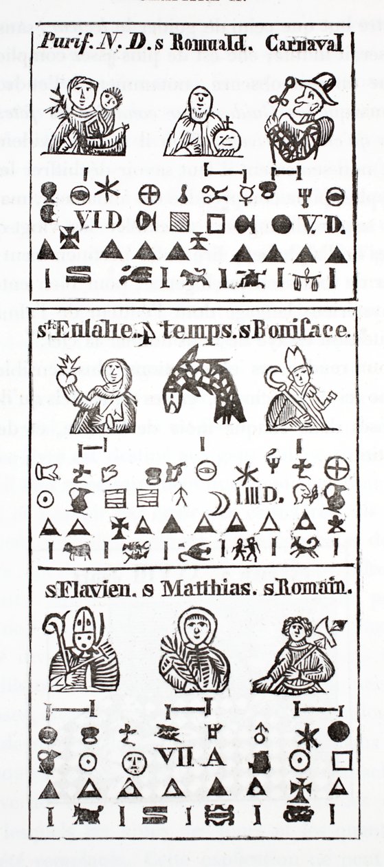 Hieroglyfické postavy v almanachu od French School