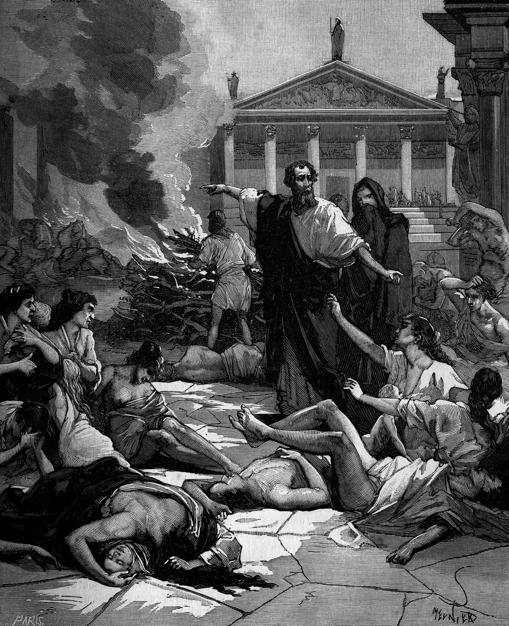 Hippokrates (v řečtině Hippokrates) Řecký lékař (460 až 380 př. n. l.) přijíždí do Athén decima mor zapálením velkých ohňů. od French School
