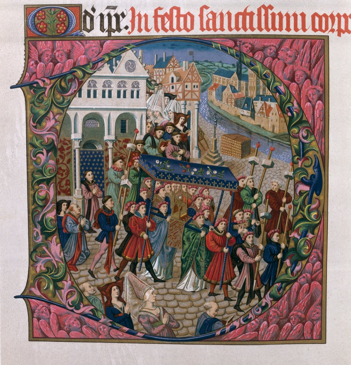 Historická iniciála D zobrazující náboženský průvod na náměstí Place de Greve v Paříži v 15. století (faksimilní vydání Missel de Jouvenel des Ursins) od French School