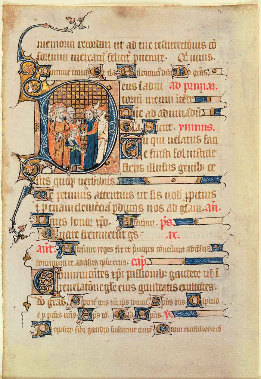 Historická iniciála D ze žaltáře, 1340 (wc na pergamenu) od French School