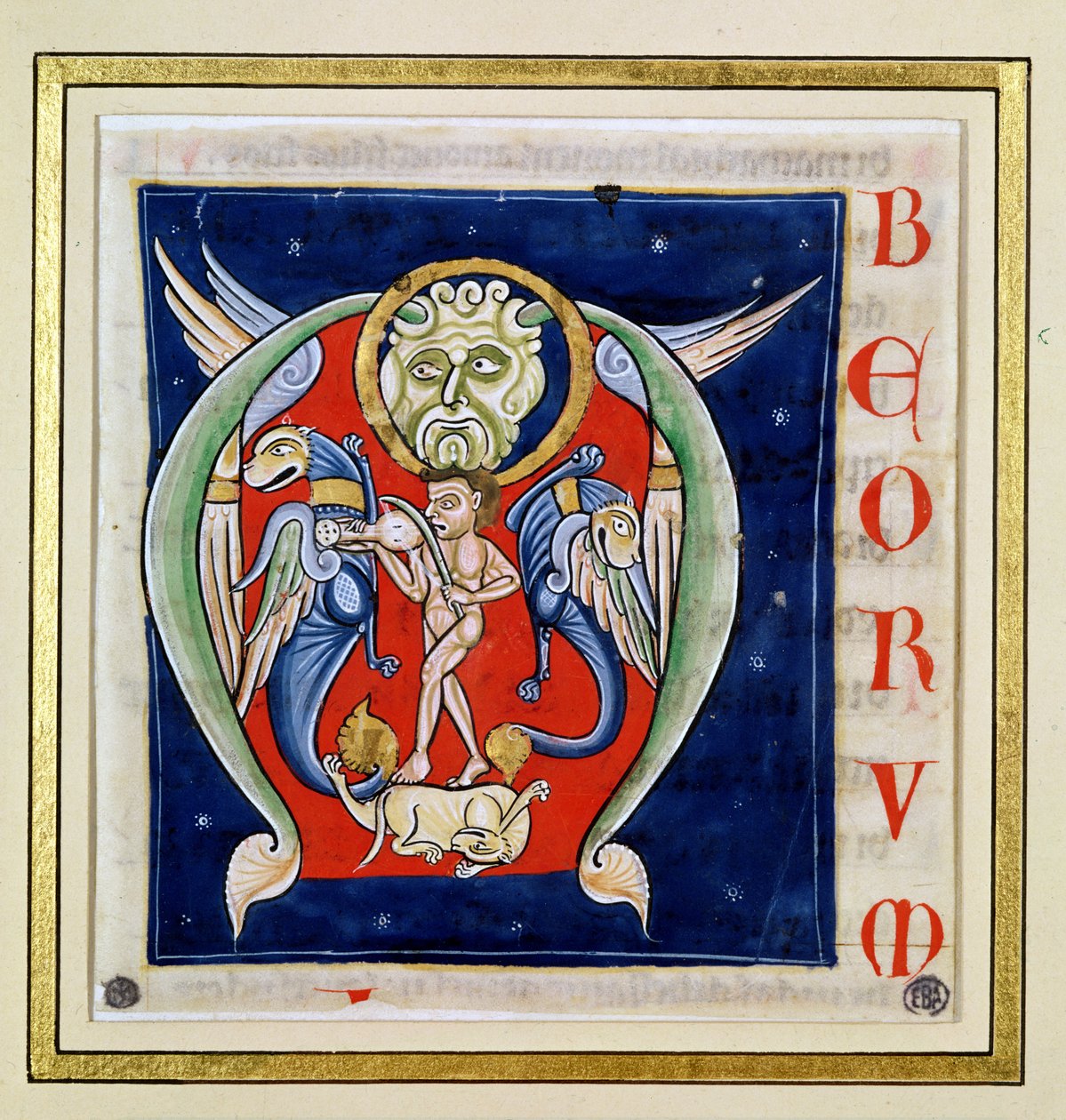 Historická iniciála „M“ zobrazující muže hrajícího na rebecu a fantastická zvířata z Bible Saint-Andre aux-Bois od French School