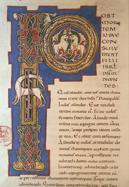 Historická iniciála „P“ zobrazující propletený vzor a fantastická zvířata z latinské Bible z Limoges, c. 1125 (vellum) od French School