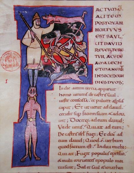 Historizovaná iniciála "P" zobrazující Saulovu smrt z latinské bible od French School