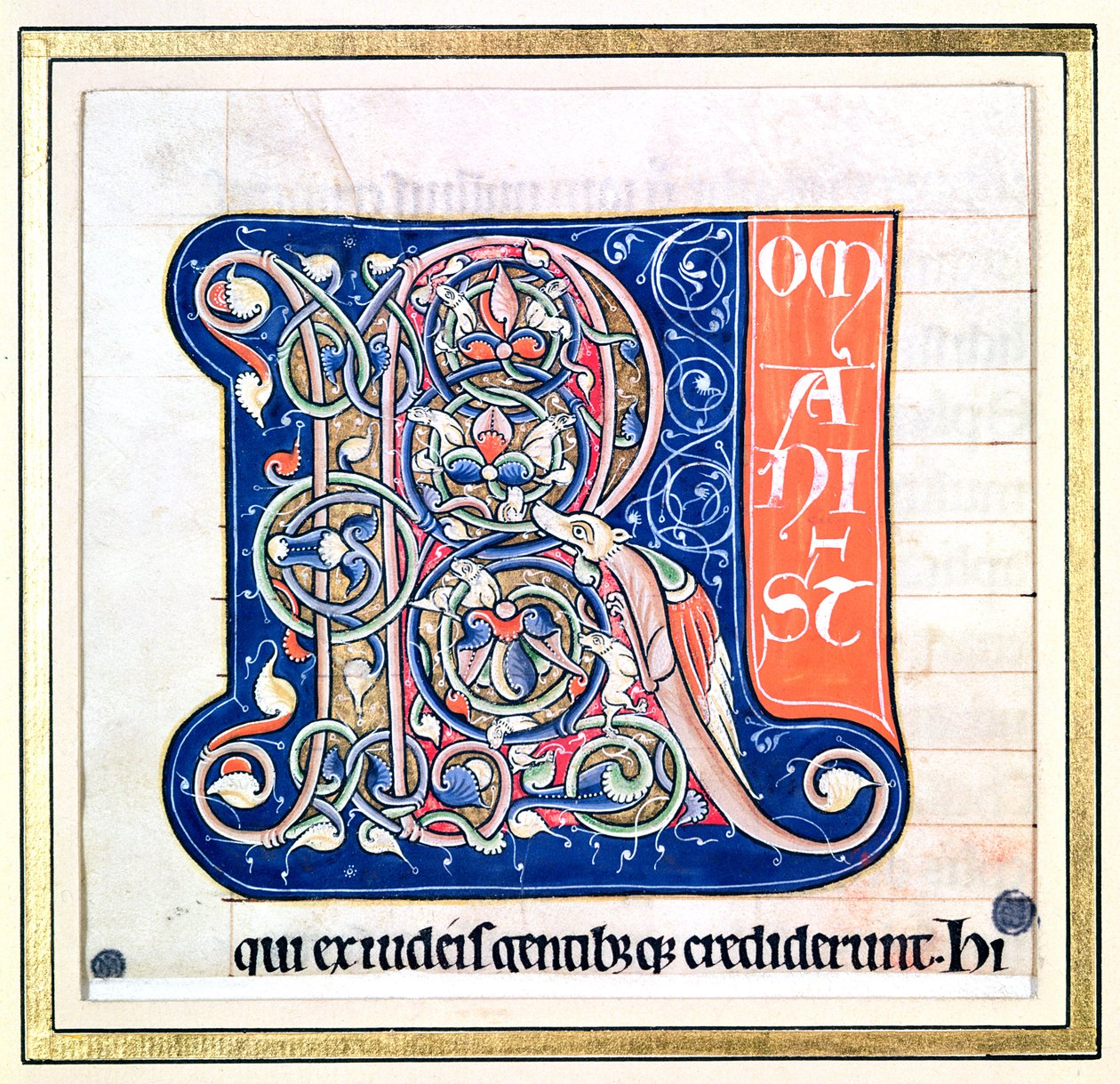 Historická iniciála „R“ zobrazující propletený vzor s fantastickými zvířaty, z Bible Saint-Andre aux-Bois od French School