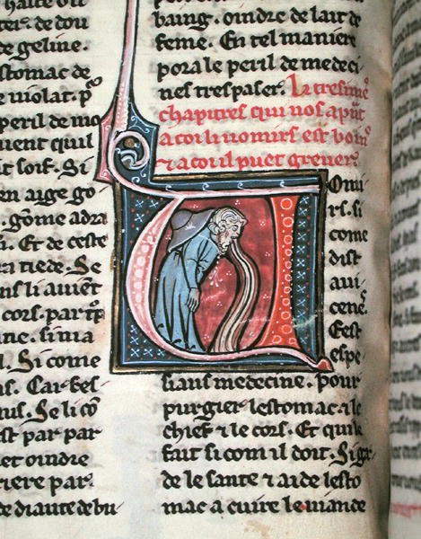 Historická iniciála zobrazující muže zvracejícího (vellum) od French School