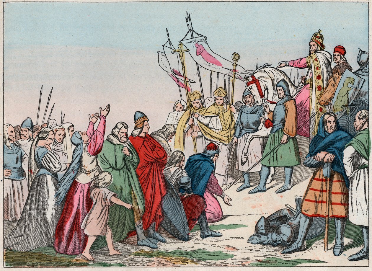 Historie Galie ve středověku: Germánští Sasové klečící před králem Karlem Velikým (742 - 814), vítězem válek - Rytina z konce 19. století v „“Naše národní slávy – Obrazy a recitace““ od French School