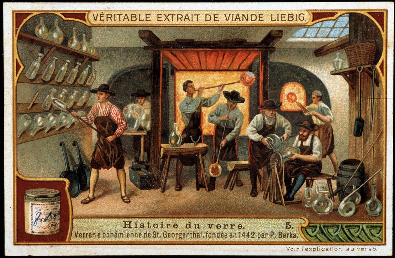 Historie skla: Berka založil v roce 1442 sklárnu Boheme v Saint Georgenthalu. Liebigova chromolitografie z konce 19. století. od French School