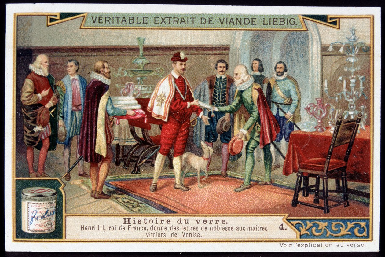 Historie skla: Jindřich III. (1551-1589) Francouzský král předává šlechtické listy mistrům sklenářů z Benátek. Liebigská chromolitografie z konce 19. století. od French School