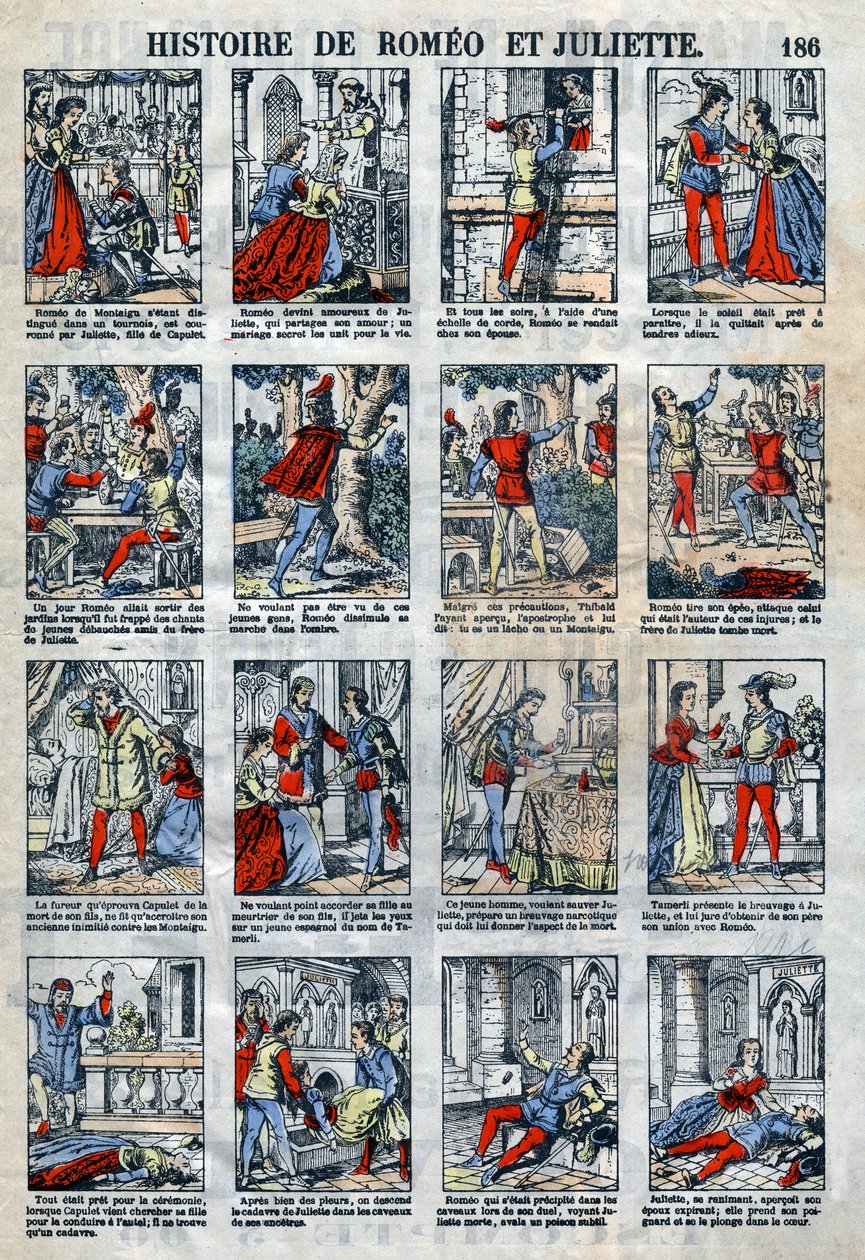 Dějiny Romea a Julie po hře Williama Shakespeara (1564-1616). Epinal zobrazování z konce 19. století. od French School