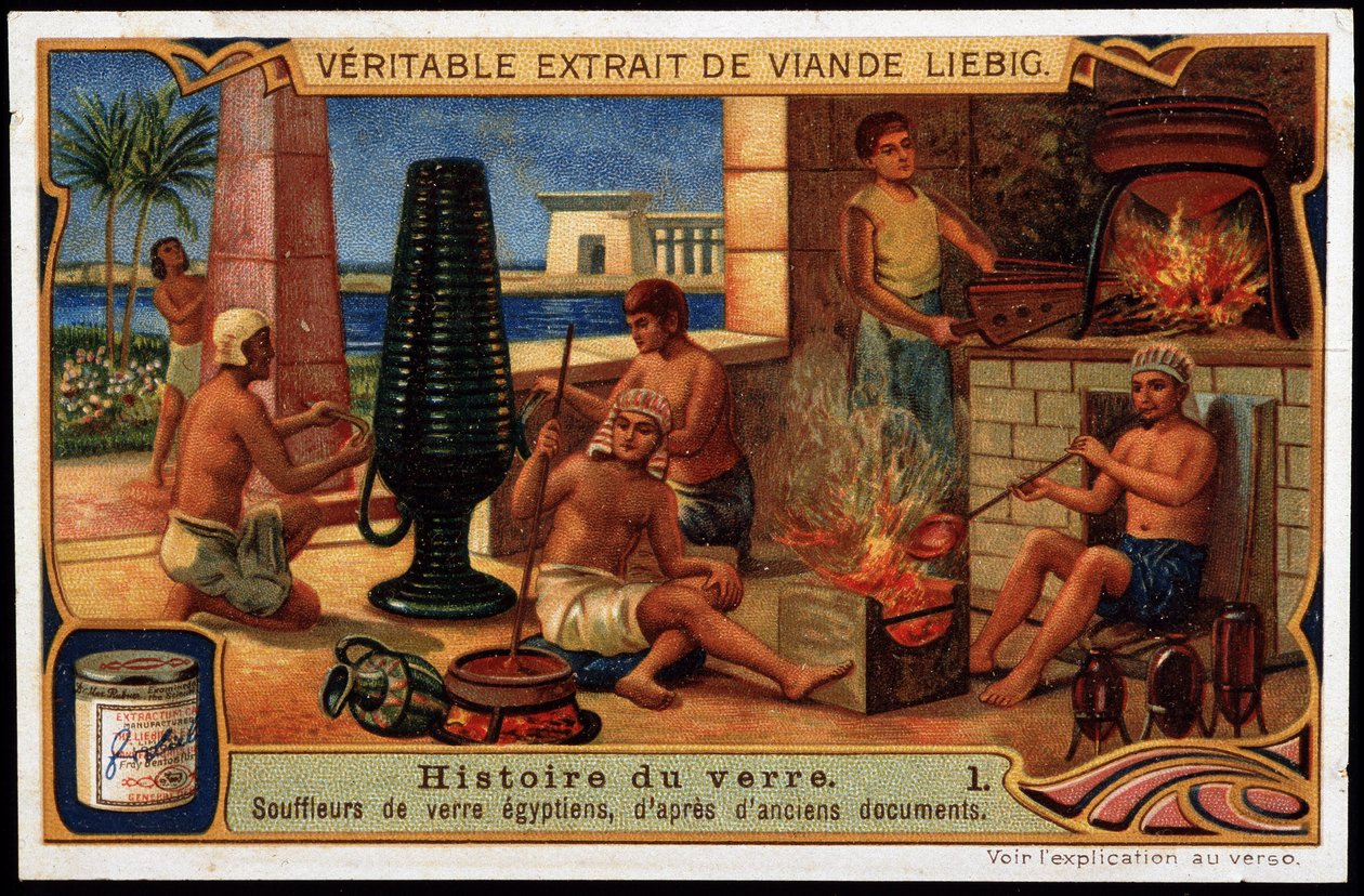 Historie skla: Egyptské foukače skla, na základě starých dokumentů. Liebigova chromolitografie od French School