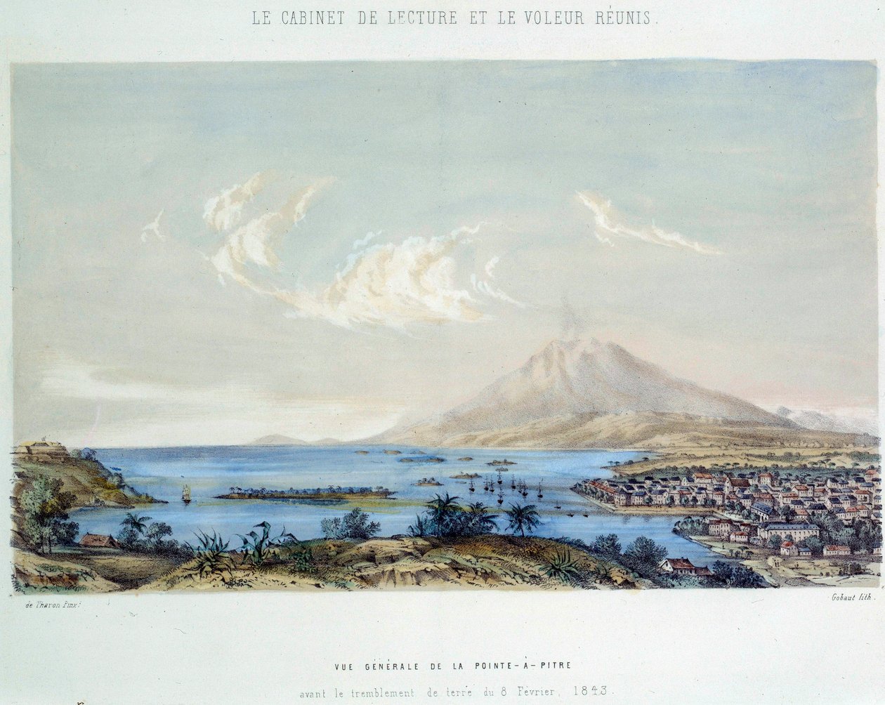 Historie francouzských kolonií: celkový pohled na Pointe a Pitre (Pointe-a-Pitre) na Guadeloupe (Antily) před zemětřesením 8.2.1843 od French School