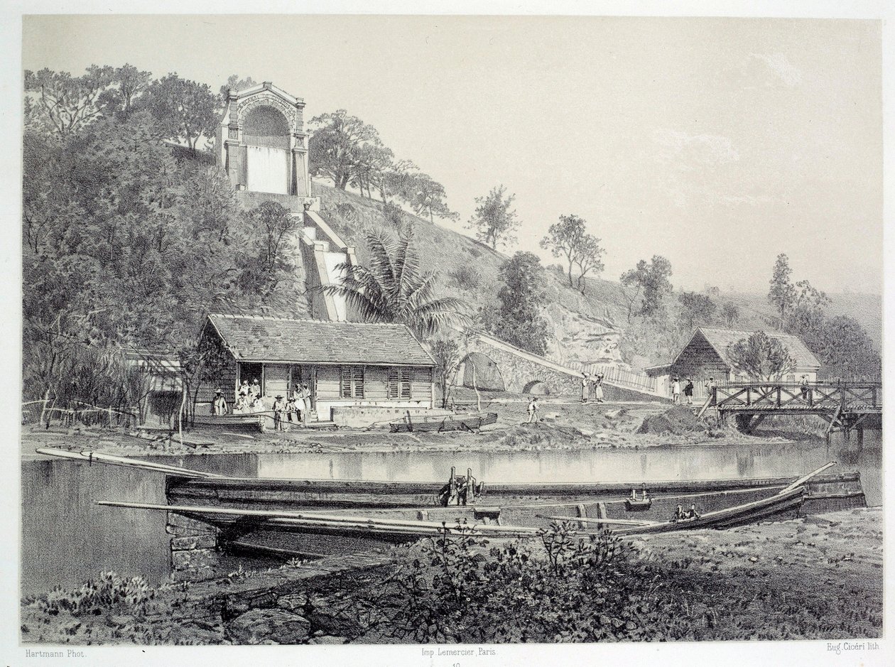 Historie francouzských kolonií: pohled na vodní hrad nebo kanál Gueydon ve Fort de France na Martiniku (Antily), Chartres musee des Beaux Arts z konce 19. století od French School
