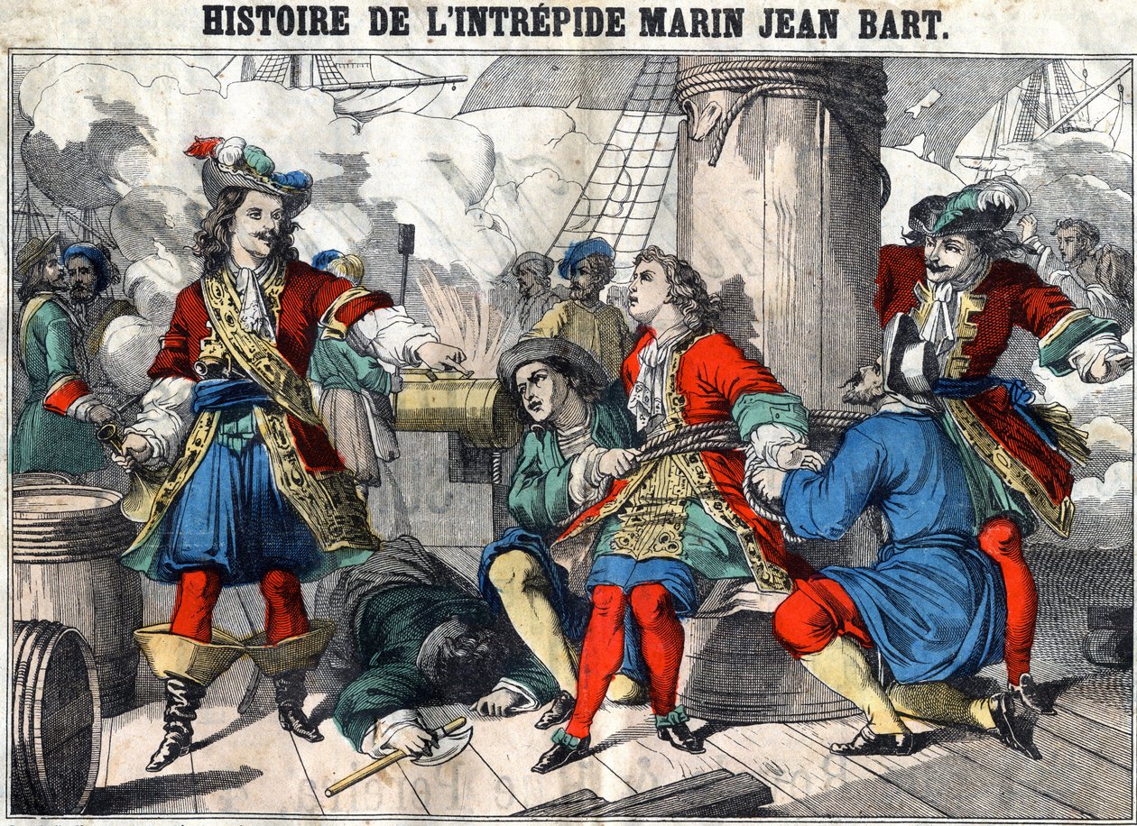 Historie neohroženého námořníka Jean Bart Jean Bart (1650 - 1702), francouzský lupič. Epinal zobrazování z konce 19. století. od French School
