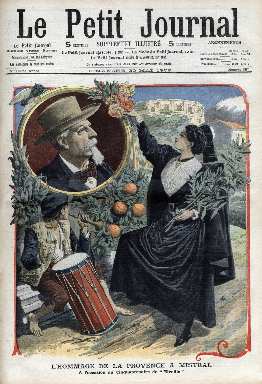 Pocta Provence Fredericu Mistralovi, u příležitosti padesátého výročí „“ Mireille““ (1859) V „Le Petit Journal“, květen 1909 (rytina) od French School