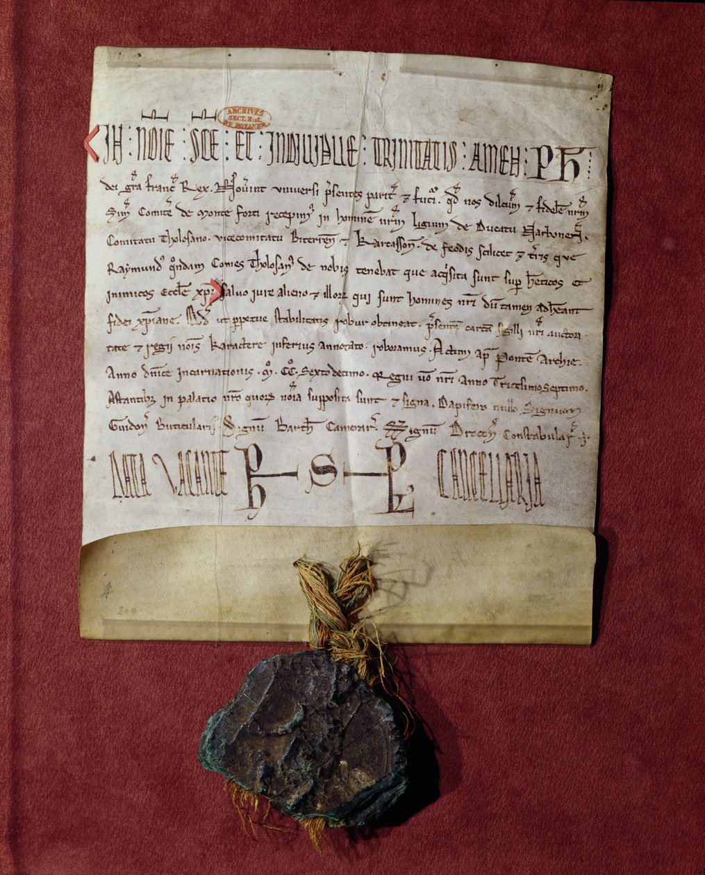 Pocta králi Filipovi II. (1165-1223) od Simona de Montfort (asi 1160-1218) za území zabavená Raymondovi VI. (1197-1249) kolem roku 1216 od French School