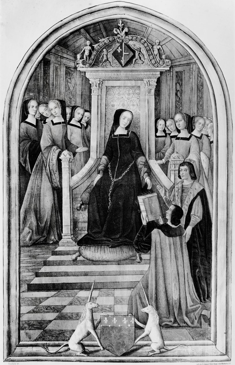 Pocta Louise de Savoie (1476-1531) v Amiens v roce 1518, z knihy "Les Chants Royaux", vyryl A.Godard od French School