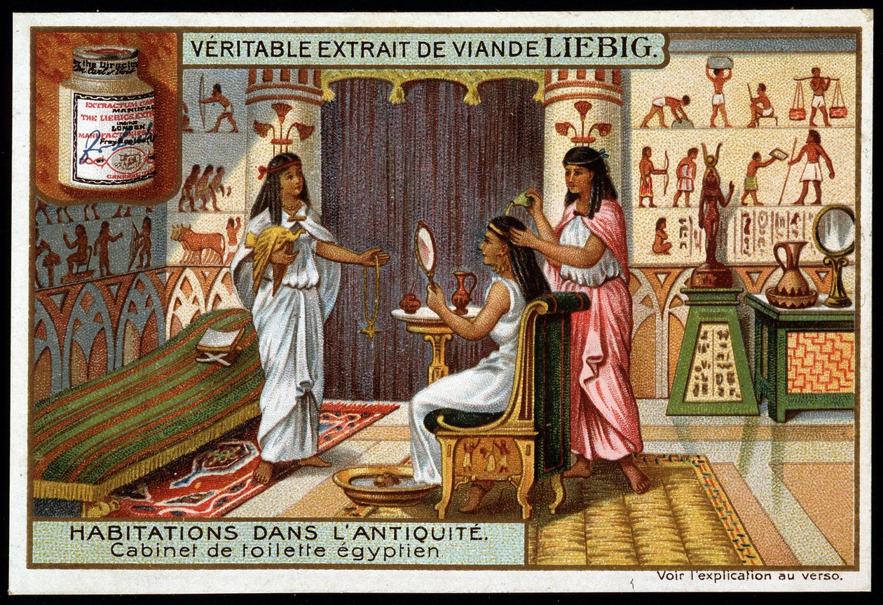 Domy ve starověku: Egyptská koupelna - reklamní nálepka Liebig od French School