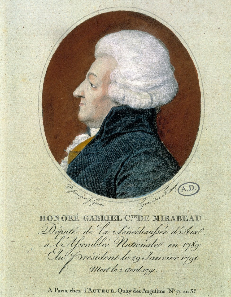 Honore Gabriel (Honore-Gabriel) Riqueti, hrabě z Mirabeau (1749-1791): poslanec Seneschaussée z Aix v Národním shromáždění v roce 1789, zvolen prezidentem 29. ledna 1791 a zemřel 2. dubna 1791. od French School