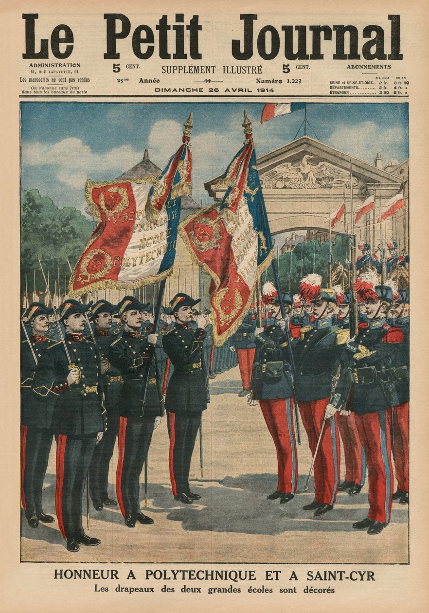 Čest Polytechnique a Saint-Cyr, ilustrace přední obálky z Le Petit Journal, doplňkový obrázek, 26. dubna 1914 od French School