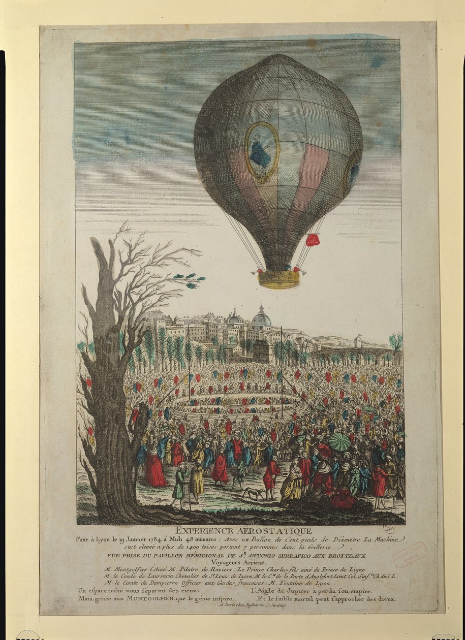 Experiment s horkovzdušným balónem bratří Montgolfierů a Francoise Pilatre de Rozier (1754-85) v Lyonu, 19. ledna 1784 od French School