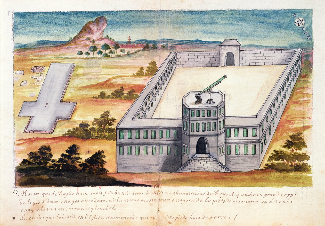Dům a observatoř postavený králem Siamu pro jezuitské matematiky, z popisu jezuitů v Siamu, 1688 (wc na papíře) od French School