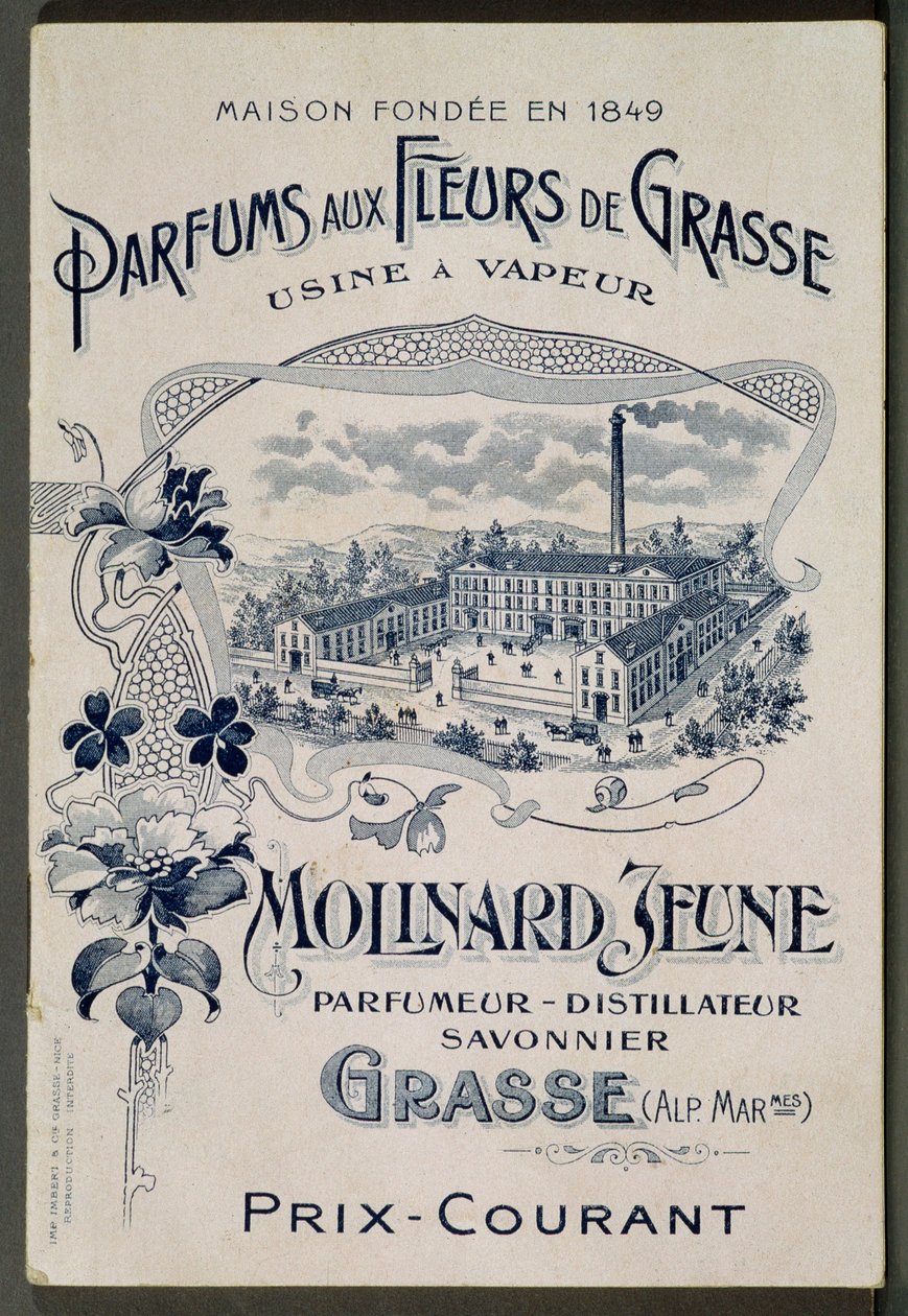 Dům založen v roce 1849 - Fragrances aux Fleurs de Grasse - Parní závod: Molinard Jeune - Reklamní karta představující továrnu Molinard - rytina, začátek XX. od French School