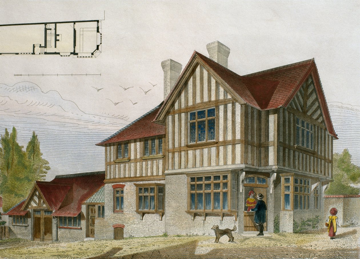 Dům malého obchodníka v oblasti Londýna, ilustrace z Le Moniteur des architectes, 1884, rytý Paul Louis Bury (19. století) (barevná rytina) od French School