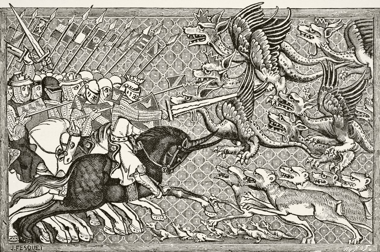 Jak Alexandr bojoval s draky a druhem bestie zvaným škorpion, z knihy "Science and Literature in the Middle Ages" od Paula Lacroixe (1806-84), vydané v Londýně roku 1878. od French School