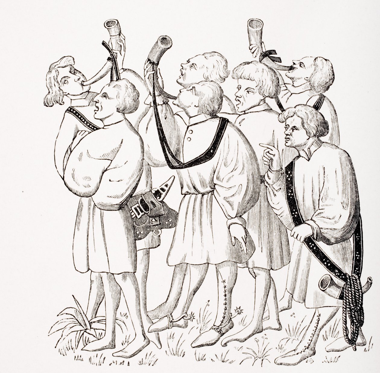 Jak křičet a troubit podle miniatury v Phoebově rukopise z 15. století z „Le Moyen Age et La Renaissance“ od Paula Lacroixe (1806-84) vydaného v roce 1847 od French School
