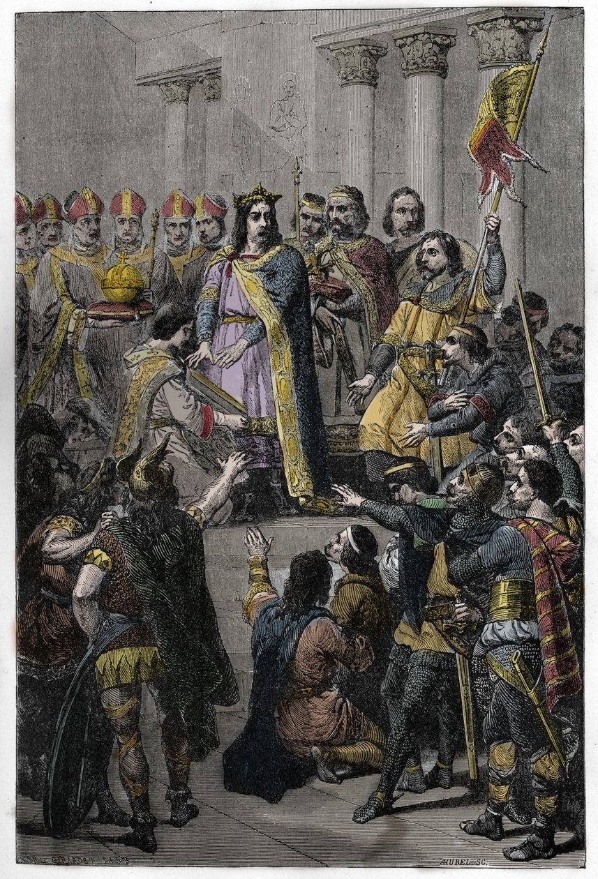 Hugh Capet zvolen králem - korunovace Hugues Capet (asi 941-996), králem Francie, 3. července 987 v Noyonu, Adalberonem (asi 925-990), archeveque z Remeše. od French School