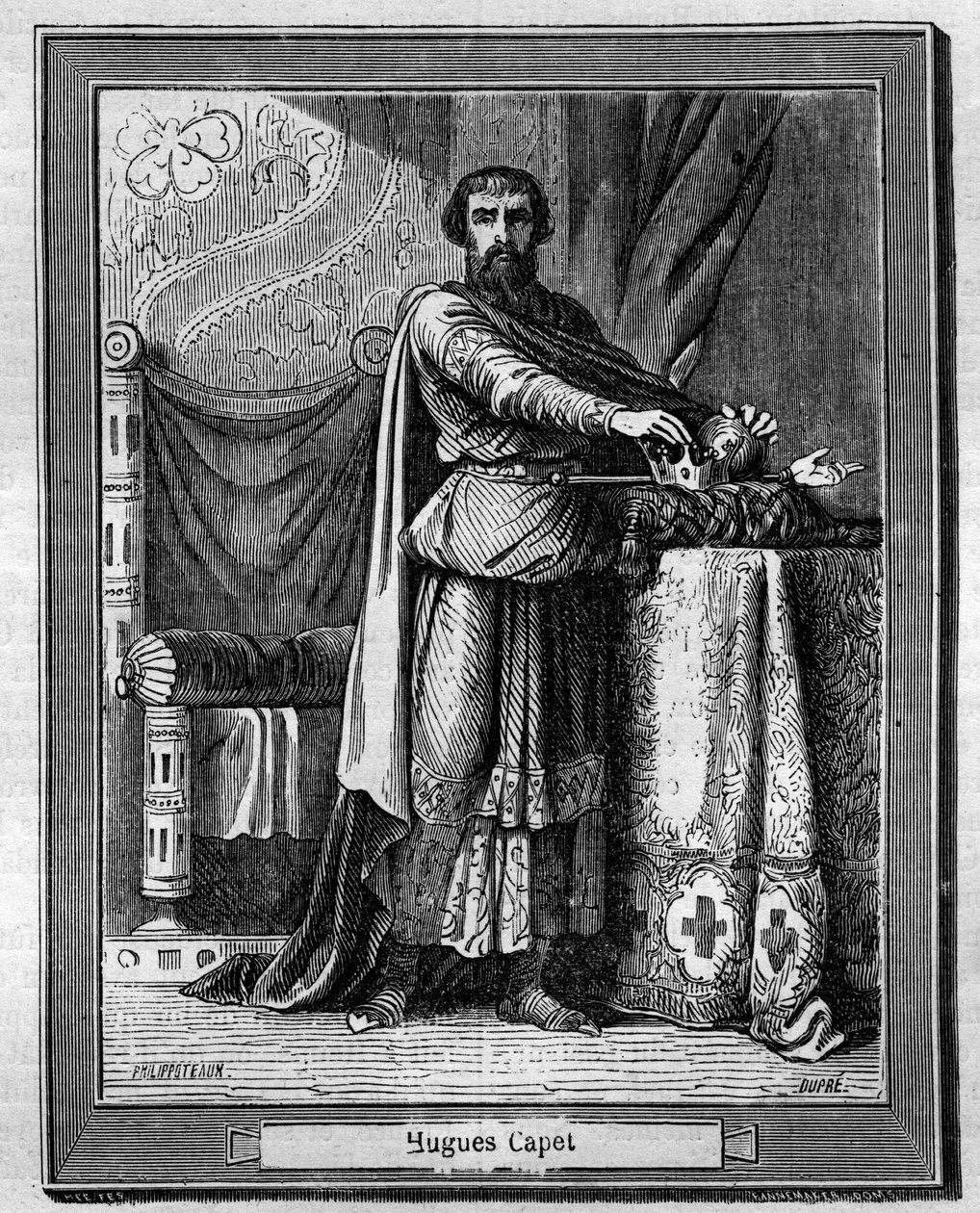 Hugues Capet (940-996), král Franků (dole) Rytina do „Historie papežů-králů-královen-a-císařů v průběhu staletí““ od Maurice Lachatre od French School