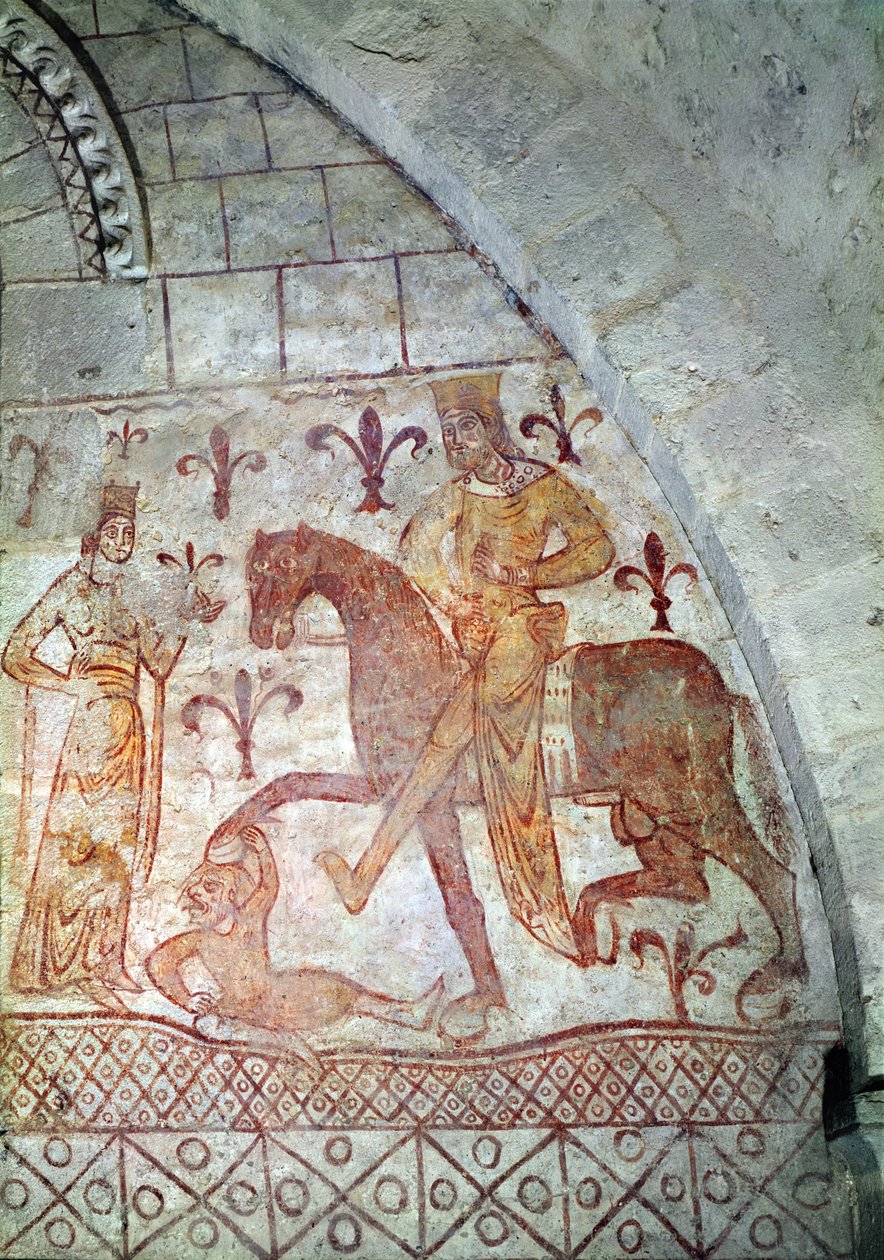 Hugues IX (asi 1163-1219) Lusignan porazil Nur al-Din (1116-74) v Sýrii (nástěnná malba) od French School