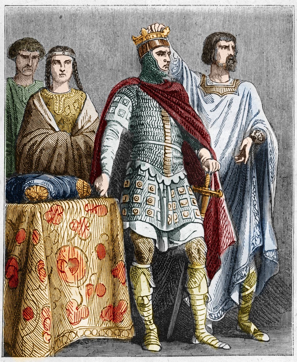 Hugues Veliký (897-956) korunuje Raoula nebo Rodolpha Burgundského (asi 890 - 936), vévodu burgundského a krále Francie. Rytina v „“ Histoire De France En Cent Paintings od Paula Lehugeura „“ 1891 od French School