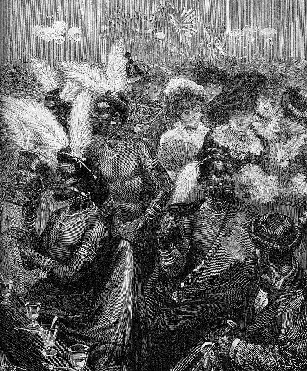 Lidská zoologická zahrada: Zuluští bojovníci vystaveni v lóži v Cabaret des Folies Bergeres (Folies-Bergeres) v Paříži v roce 1879. Rytina v „“ Le Monde Illustré““ č. 1178 z 21. listopadu 1879. od French School