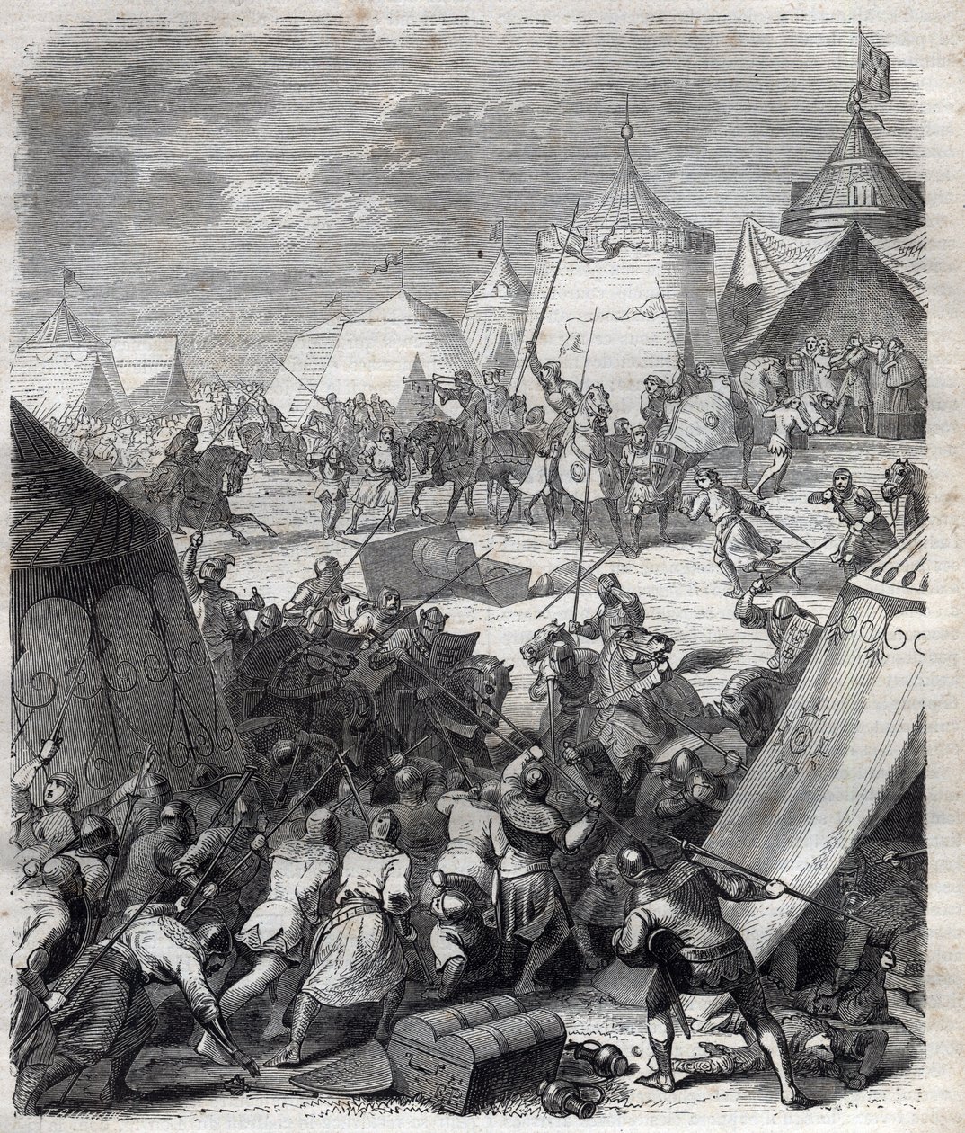 Stoletá válka: Bitva u Poitiers (1356). Rytina do „“ Historie papežů (...) Zločiny královny, krále a císařů v průběhu staletí“ od Maurice Lachatre od French School