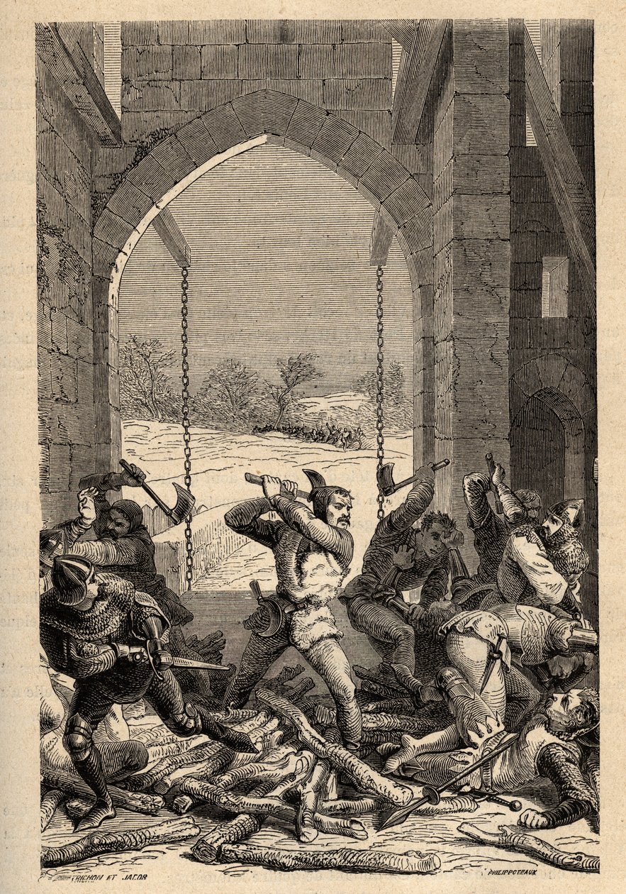Stoletá válka: „“ La prize du Chateau de Grand Fougeray od Bertranda Du Guesclina (1320-1380) en 1356, Grand-Fougeray, Ille et Vilaine“ (v roce 1356 během obléhání Rennes Angličany v rámci sta let války bertrand duguesclin oblečený od French School