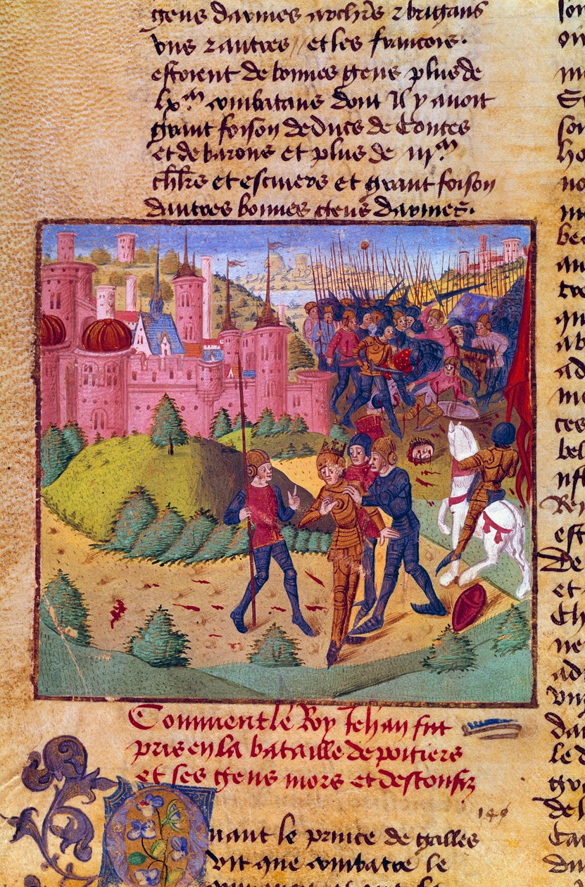 Stoletá válka: "francouzský král Jan II. Dobrý (1319-1364) je zajat Angličany v bitvě u Poitiers 19. 9. 1356" Miniatura z kroniky Jeana Froissarta (1337-1400) 15. století Chantilly, Musee Conde od French School