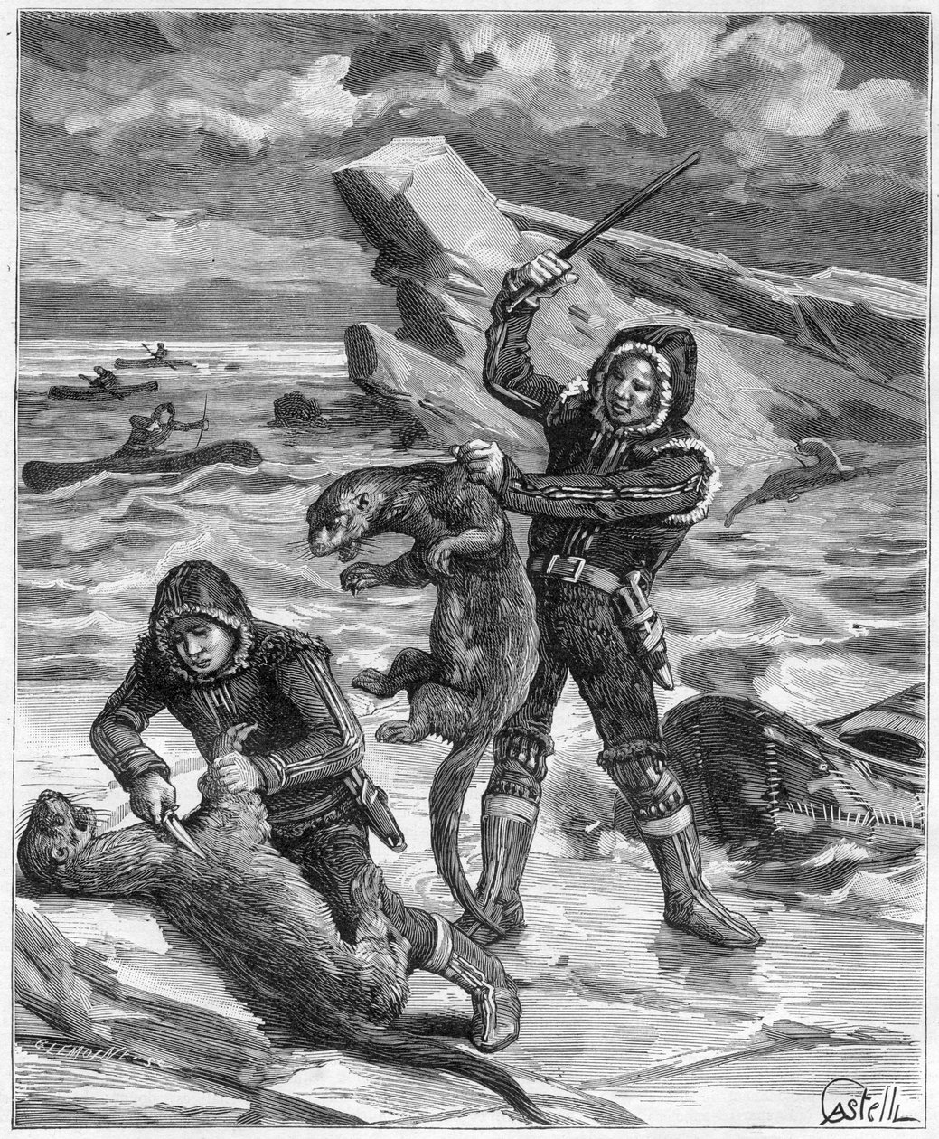 Lovec vyder na Aljašce - lovec aljašských vyder v roce 1888 - rytina v „“ Journal des Voyages“““ 1888 od French School