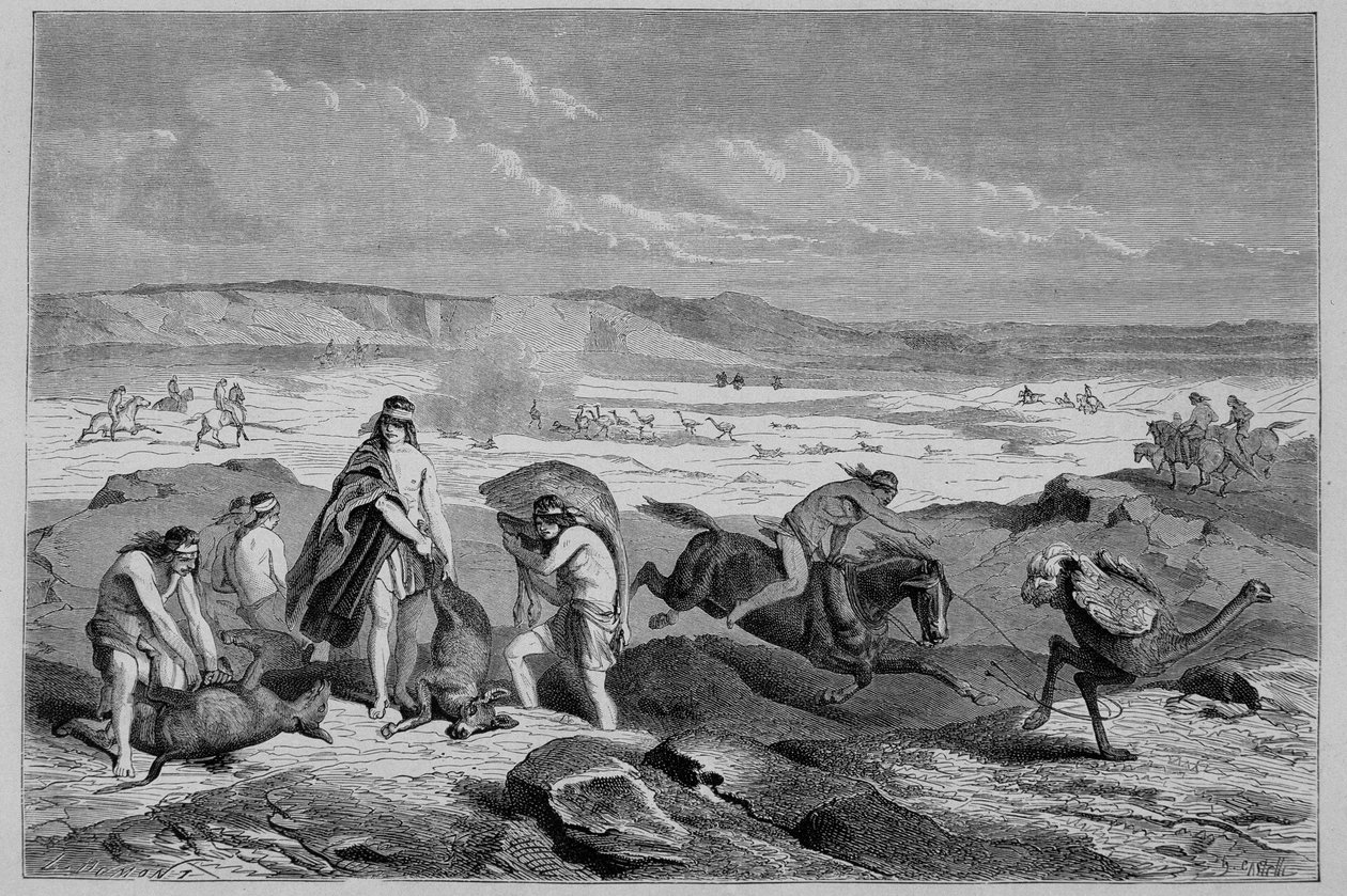Lov guanaka (divoké lámy) a nandou (neboli patagonského pštrosa) v Argentině – v „“ Tour du Monde“, 2. týden 1861 od French School