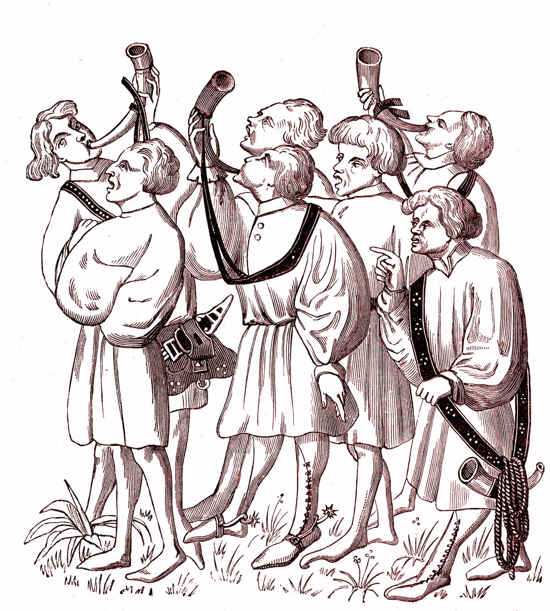 Zvonění na lovecké rohy (15. století) - Simile College miniatury z rukopisu Gastona Phebuse (1331-1391) od French School
