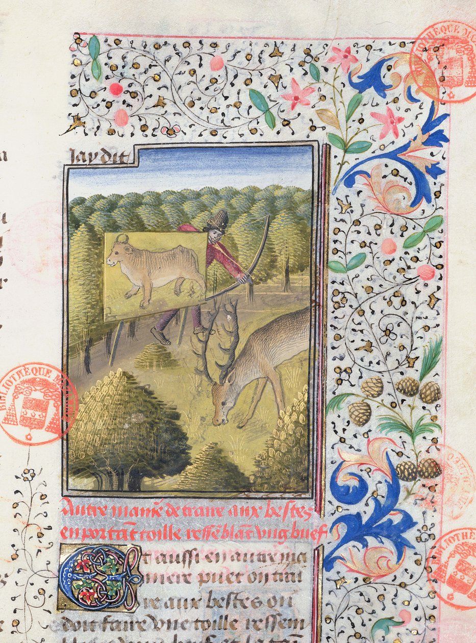 Lovec, který se skrývá za vábničkou při lovu jelena, z knihy Livre de la Chasse od Gastona Phebuse de Foix (1331-91) od French School