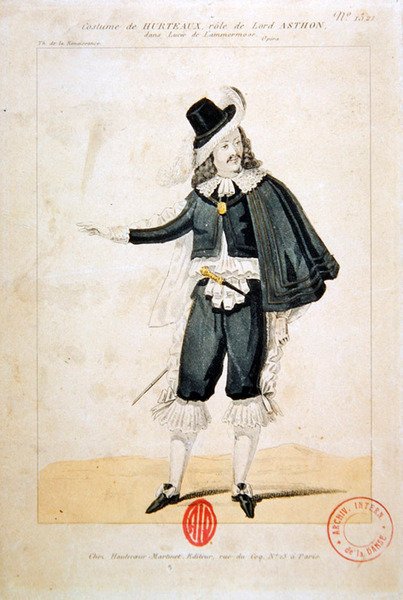 Hurteaux v roli Lorda Enrica Ashtona v opeře Lucie de Lammermoor od Gaetana Donizettiho (1797-1848) (barevná rytina) od French School
