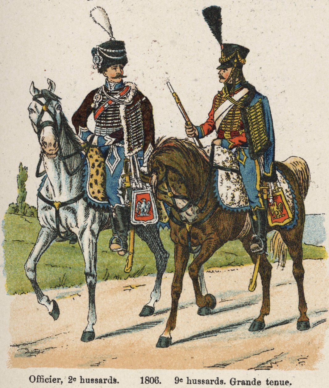 Husaři 1. vendemiary An XII (24. září 1803): Důstojník, 2. husaři a 9. husaři ve skvělém oděvu v roce 1806. Deska z knihy Les Uniforms de l