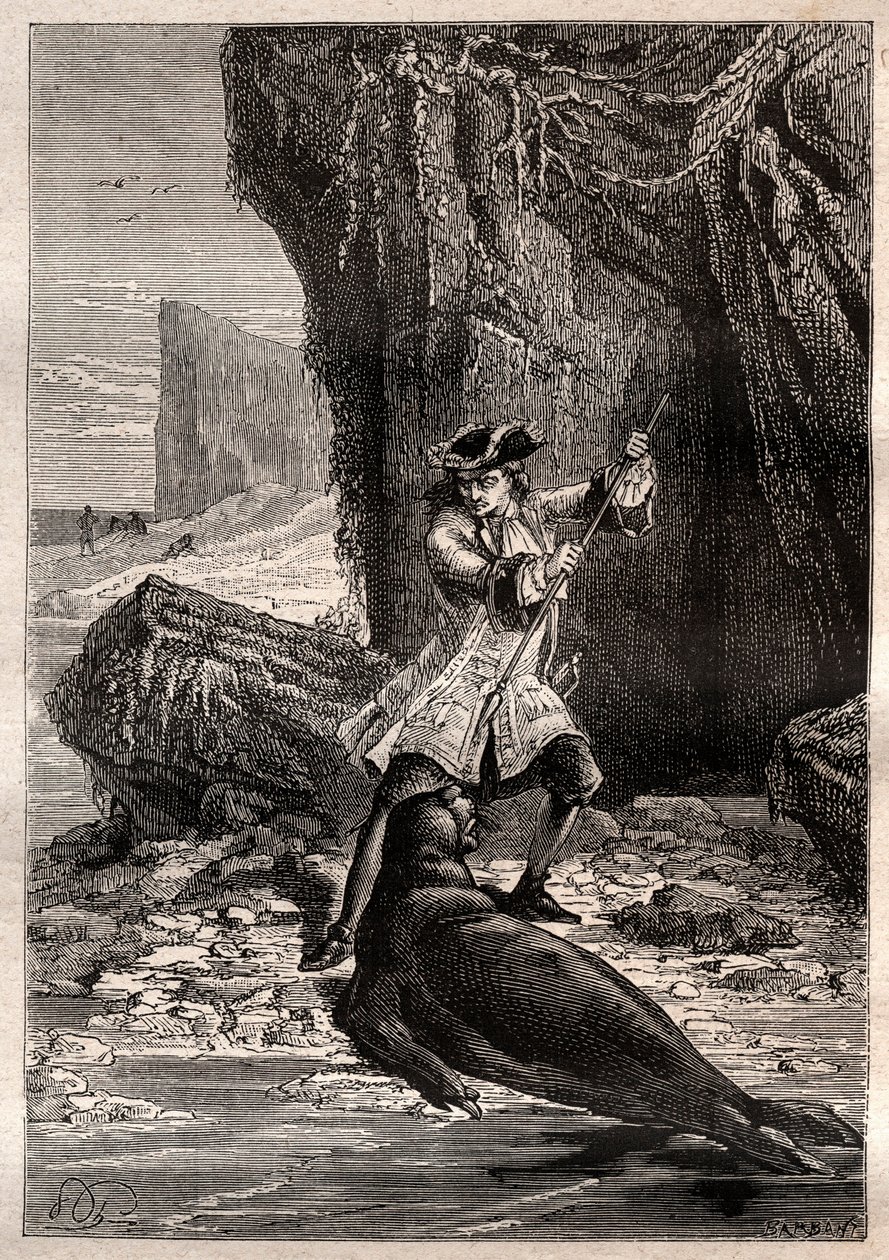 Vrazil jsem mu rýč do hrudi: Woodes Rogers (1679-1732) napaden mořským psem (tuleňem) na jednom z galapážských ostrovů v Tichém oceánu v roce 1709 - ilustrace převzata z „Velkých námořníků 18. století“ od French School
