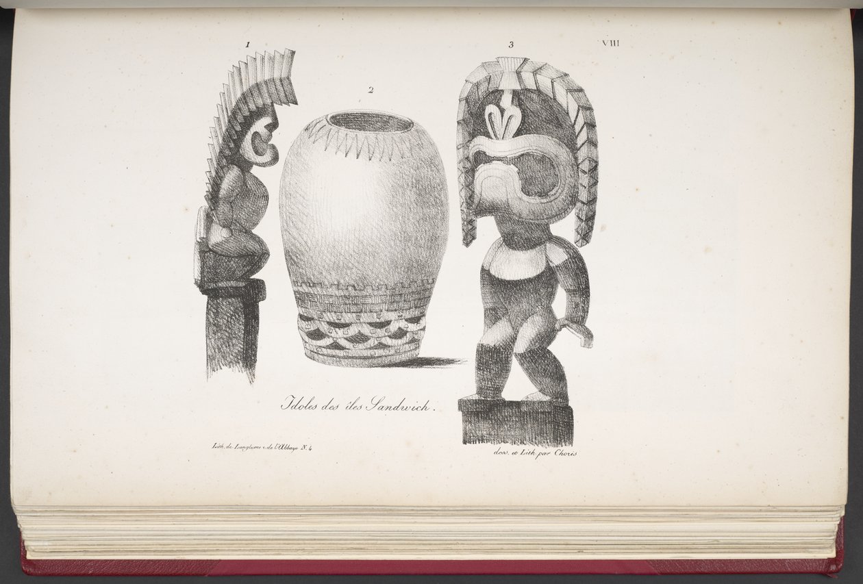 Idols of the Sandwich Islands, from Malebná plavba kolem světa, s Portréty divochů z Ameriky, Asie, Afriky a ostrovů Velkého oceánu; krajiny, výhledy na moře a několik přírodních historických objektů; spolu s od French School