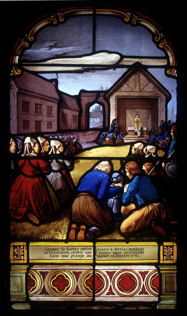Ignace Le Garrec, vikář v Kerlaz během revoluce, celebruje poslední farní mši ve stodole v Caouët, leden 1793 - vitráže kostela St Germain v Kerlaz od French School