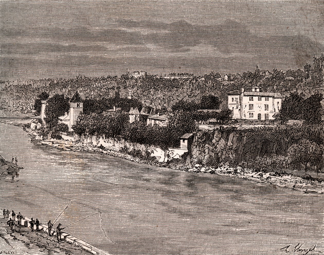 Ile Barbe uprostřed Saone, v 9. obvodu Lyonu - rytina v „La France illustree: geografie, historie, statistická správa““ od V.-A. Sladově hnědá. 1884 od French School