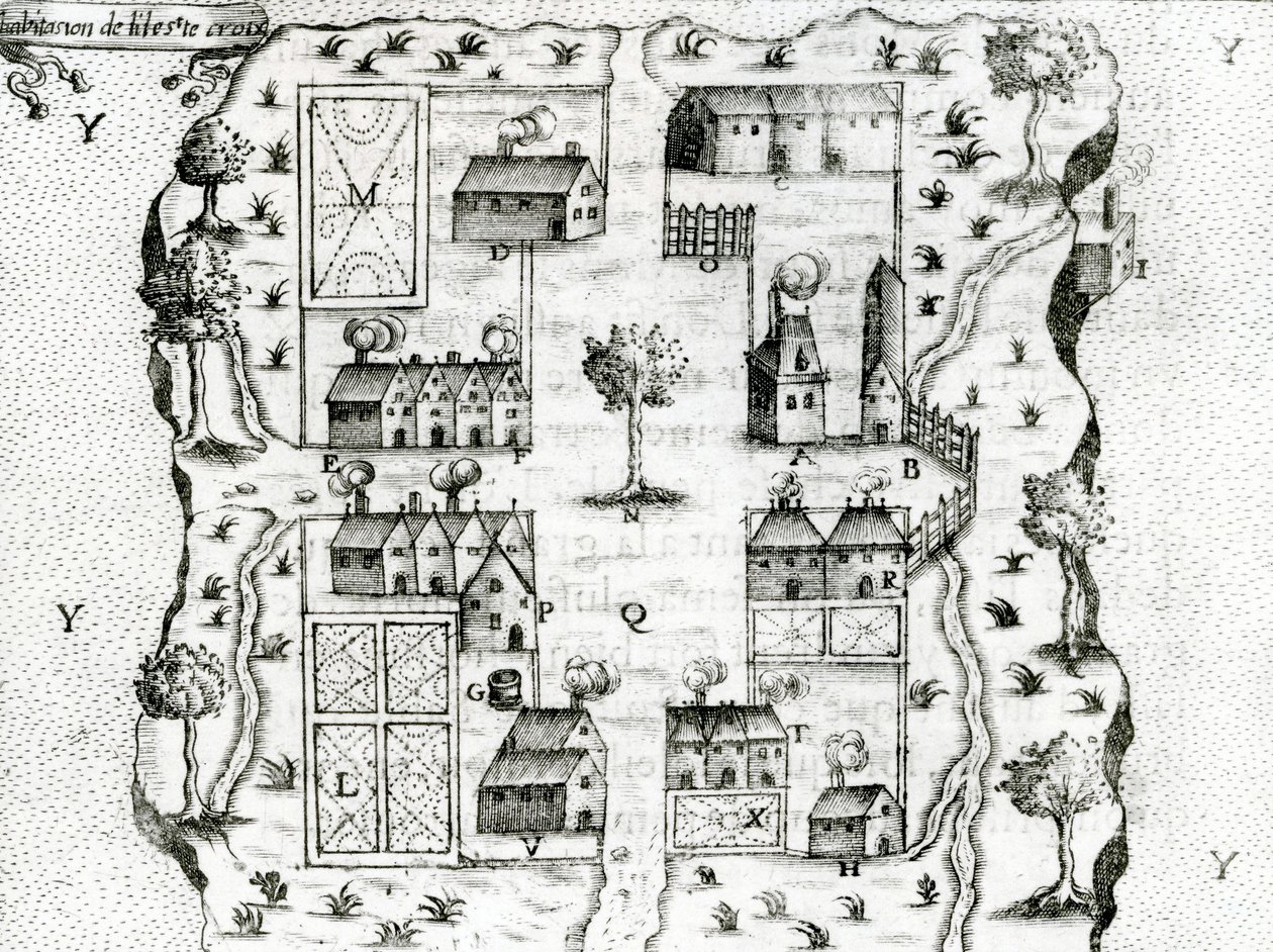Ile Ste. Croix, nejstarší francouzská osada v Acadii, 1604, z Voyages od Samuela de Champlain (c.1580-1635), 1613 od French School